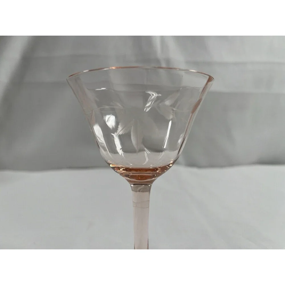 Lot of 2 Vintage Pink Depression Wine Glass Floral Etched #676